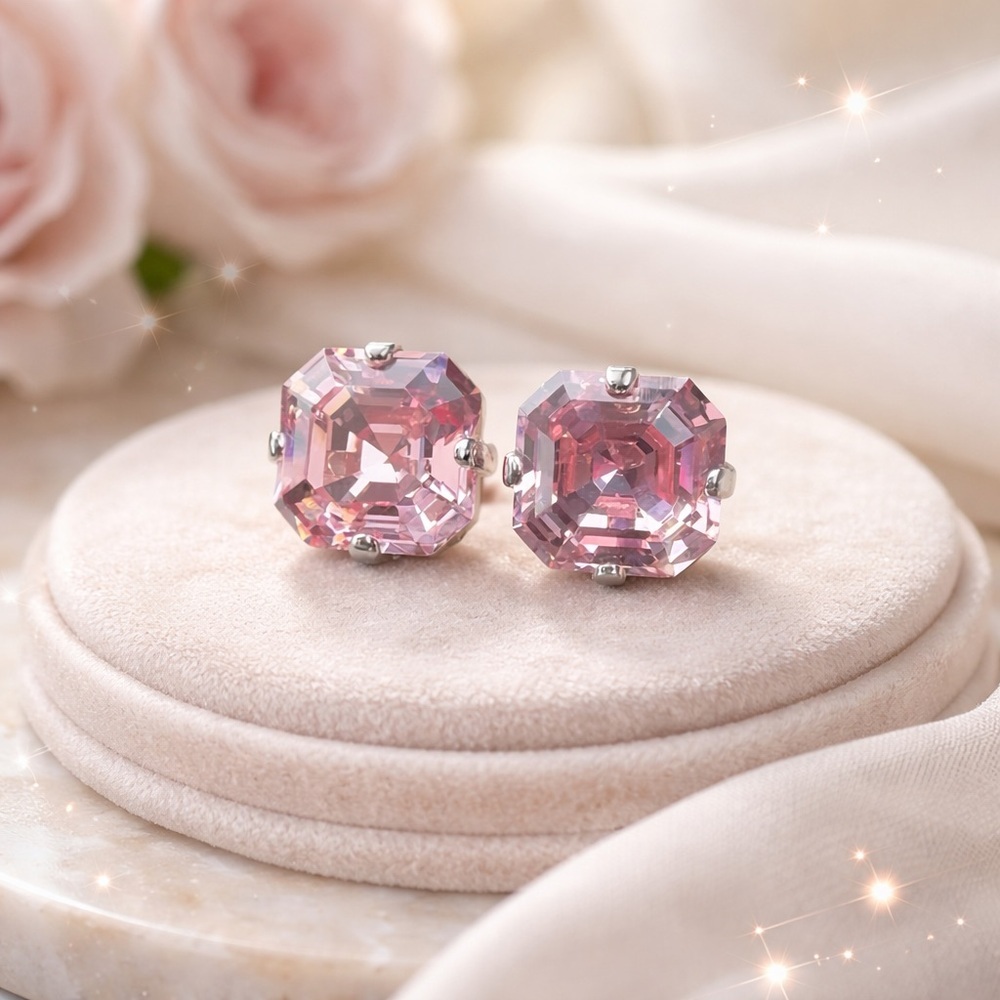 Pink Crystal Stud Earrings | Sparkly imperial Cut | Silver Tone